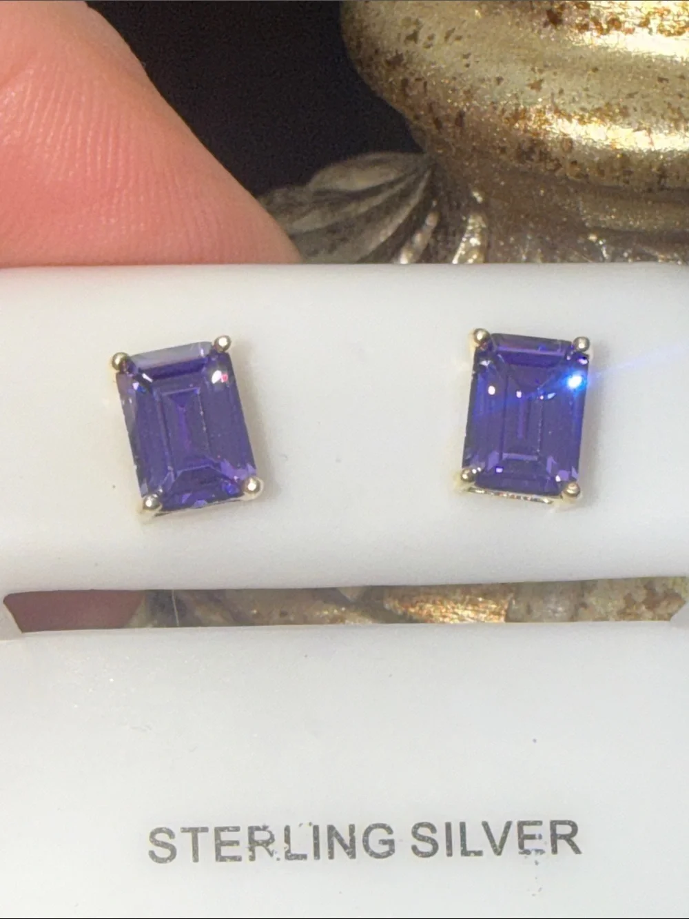 14k Gold over 925 Sterling Silver Purple Gemstone Emerald-Cut Stud Earrings NEW